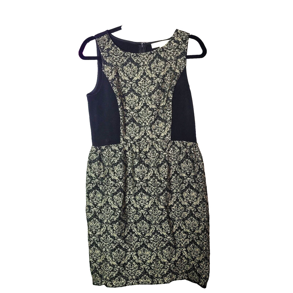 Loft Sheath Sleeveless Midi Dress Womans 6 Gold Black Jacquard Business Casual